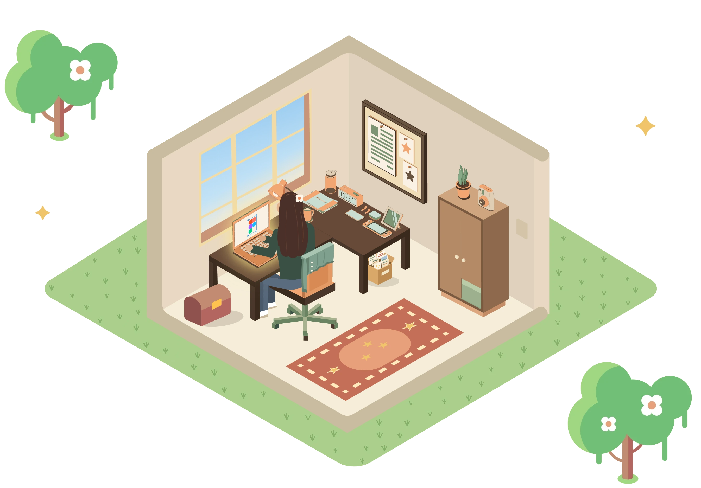 An isometric illustration of Anh's room: a desk with a glowing laptop and lamp by a sunny window, a pinboard with a resume and star notes, a wooden wardrobe, a star rug, and Anh herself at the desk, seen from behind, surrounded by trees.